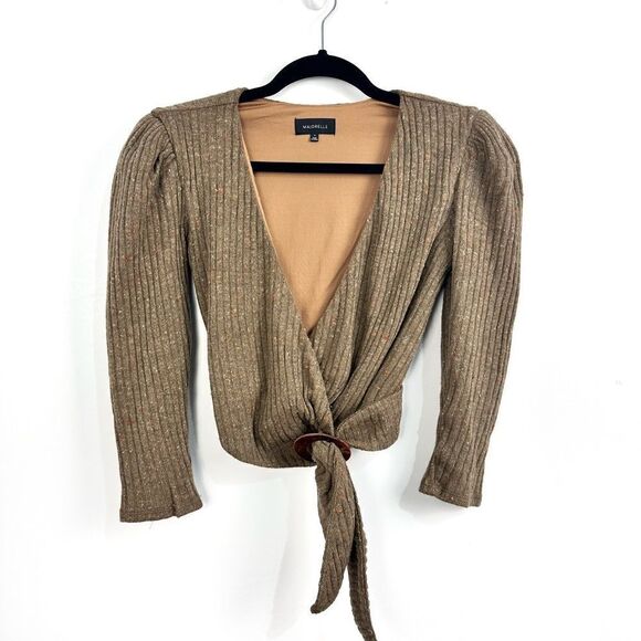 Revolve Majorelle Damien Ribbed Cropped Wrap Sweater in Mocha Brown Sz XS - Picture 4 of 12